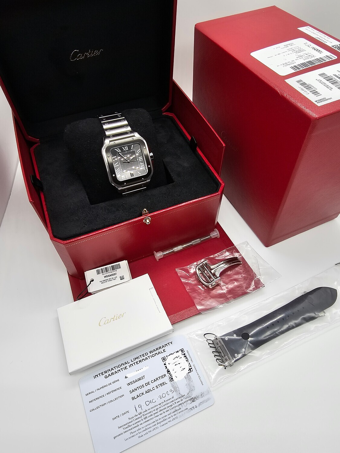Cartier Santos De Cartier Watch, Black ADLC Dial, Dec 2023 Full Set, Ref WSSA0037