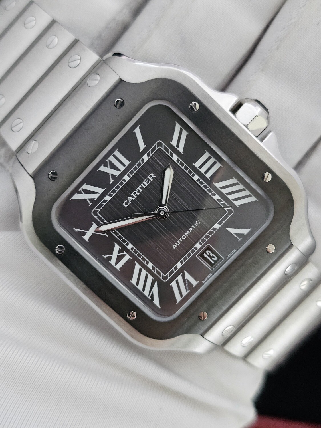 Cartier Santos De Cartier Watch, Black ADLC Dial, Dec 2023 Full Set, Ref WSSA0037