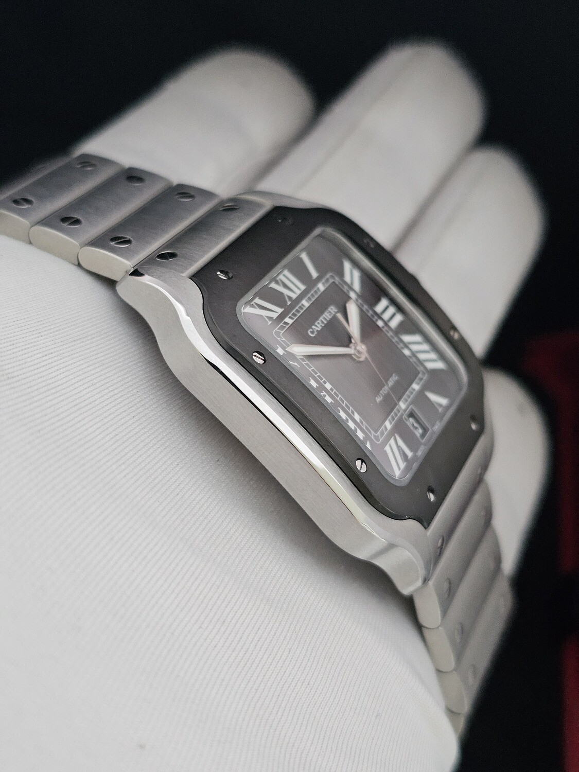 Cartier Santos De Cartier Watch, Black ADLC Dial, Dec 2023 Full Set, Ref WSSA0037