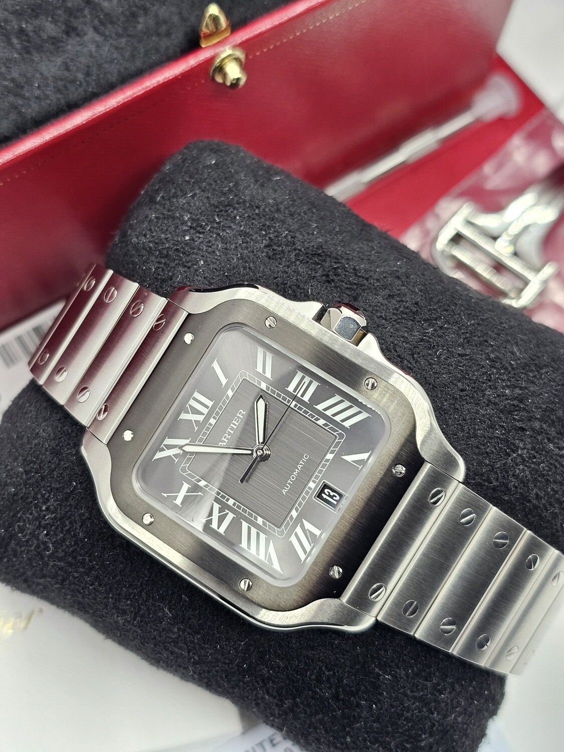Cartier Santos De Cartier Watch, Black ADLC Dial, Dec 2023 Full Set, Ref WSSA0037
