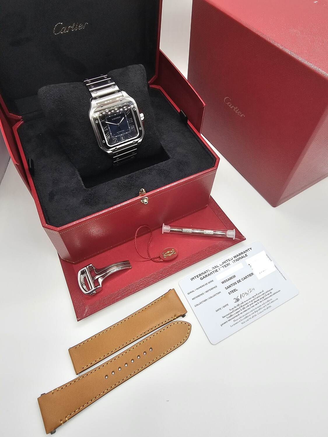 Cartier Santos De Cartier Watch, Blue Dial 2024 Full Set New/Unworn, WSSA0030