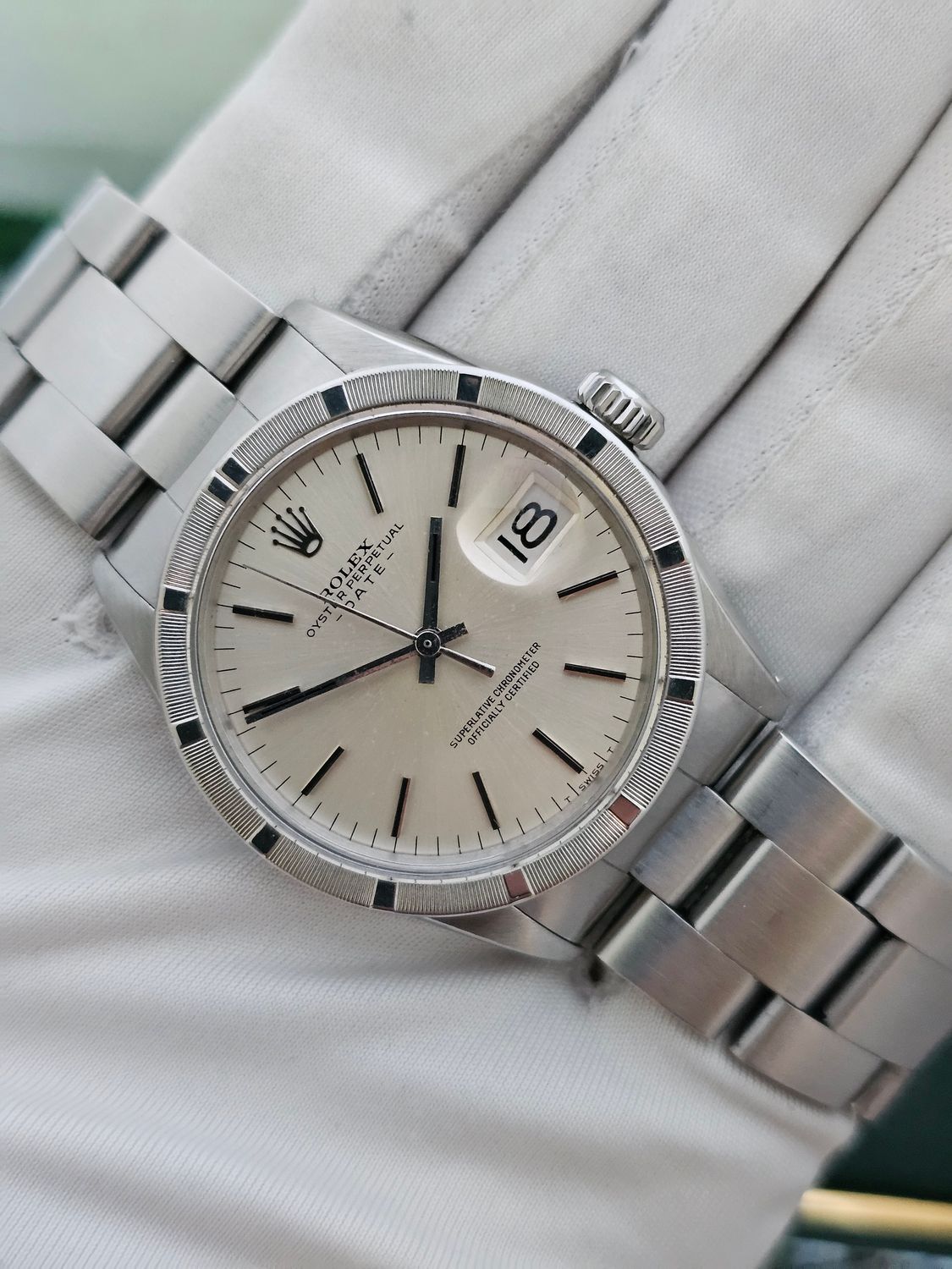 Rolex Oyster Perpetual Date Watch, Thunderbird Bezel, White Dial, Ref 1501