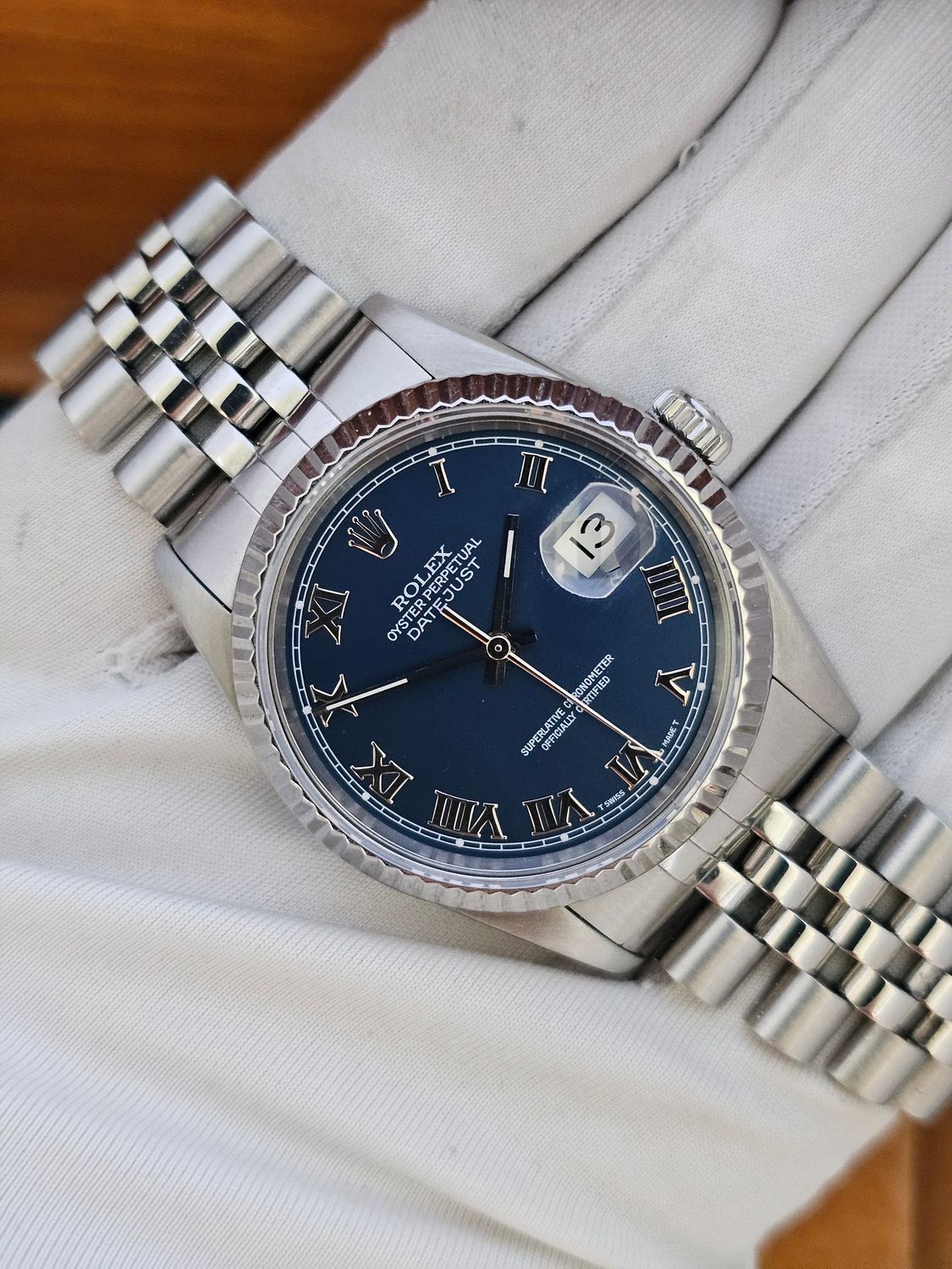Rolex Datejust Watch, Ref 16220 36mm, 1993 Blue Roman Dial