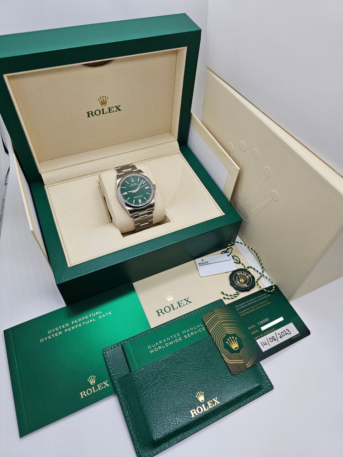 Rolex Oyster Perpetual Watch, 126000 Green Dial, 36mm 2023 Full Set