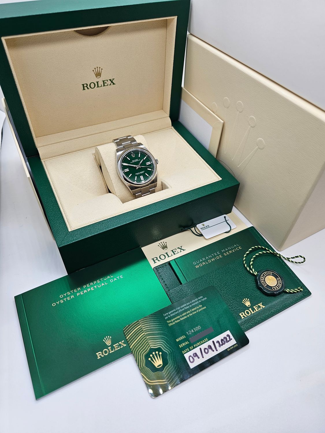 Rolex Oyster Perpetual Watch 124300, 41mm Green Dial 2022 Full Set