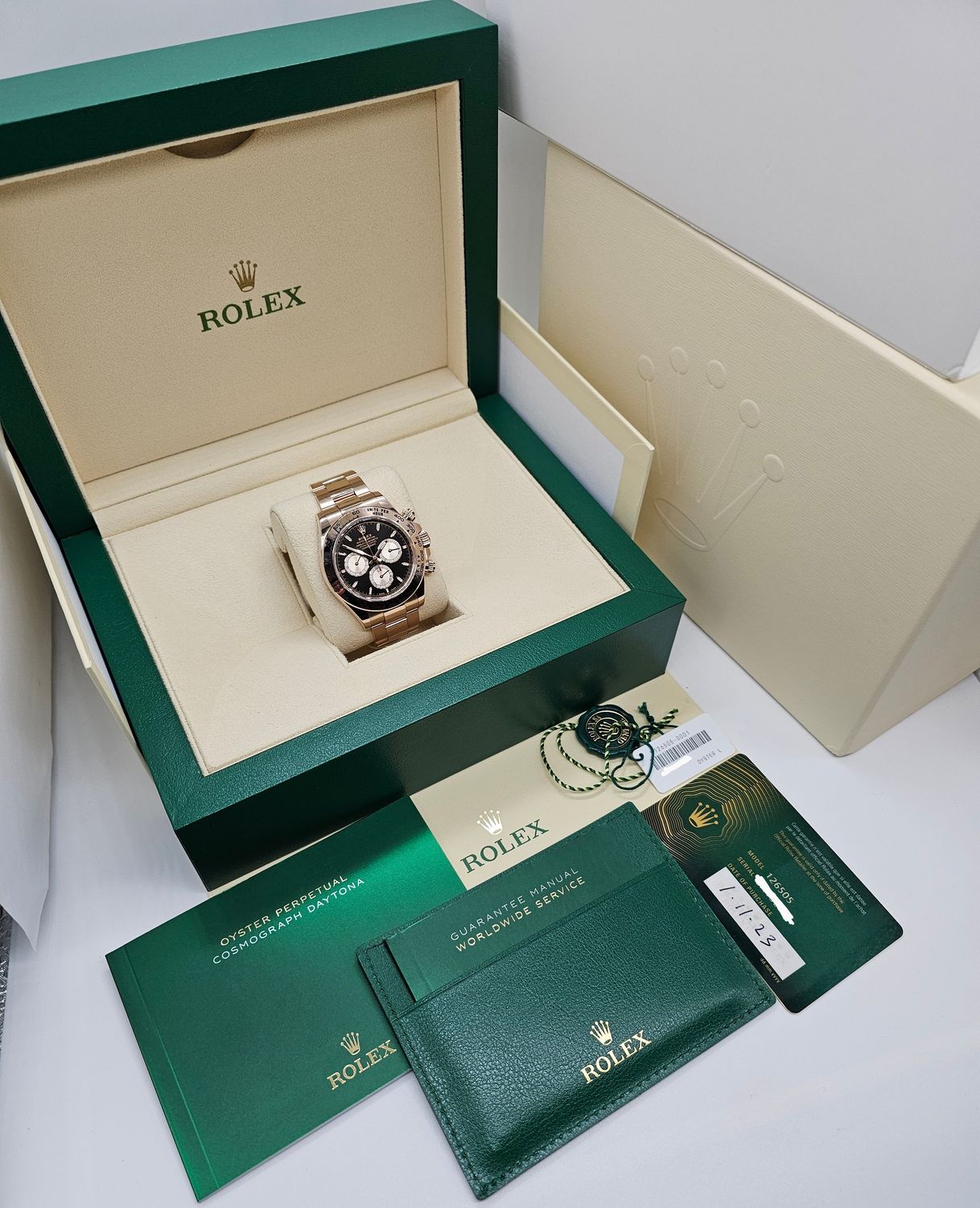 Rolex Daytona Watch 126505 Cosmograph 18K Rose Gold, Black Dial, 2023 B&amp;P