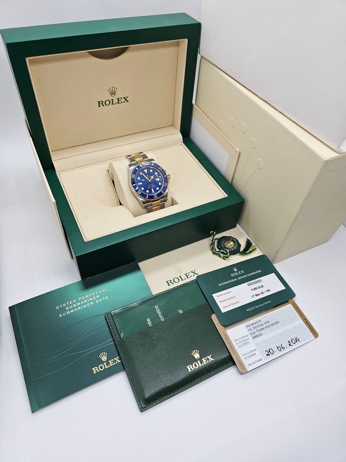Rolex Submariner Watch 40mm ref 116613LB Bluesy, 2020 Rolex Service Box &amp; Papers