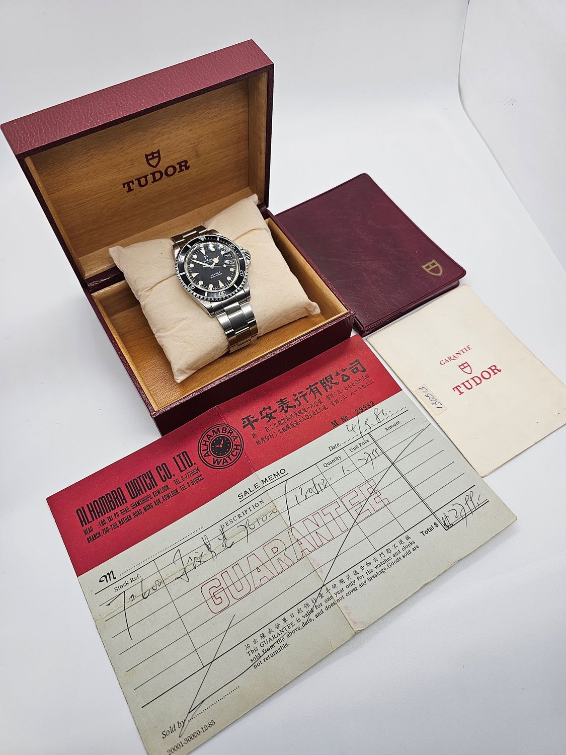 TUDOR Submariner Black 76100 Lollipop Watch, 1986 Box&amp;Papers, Receipt, Unpolished