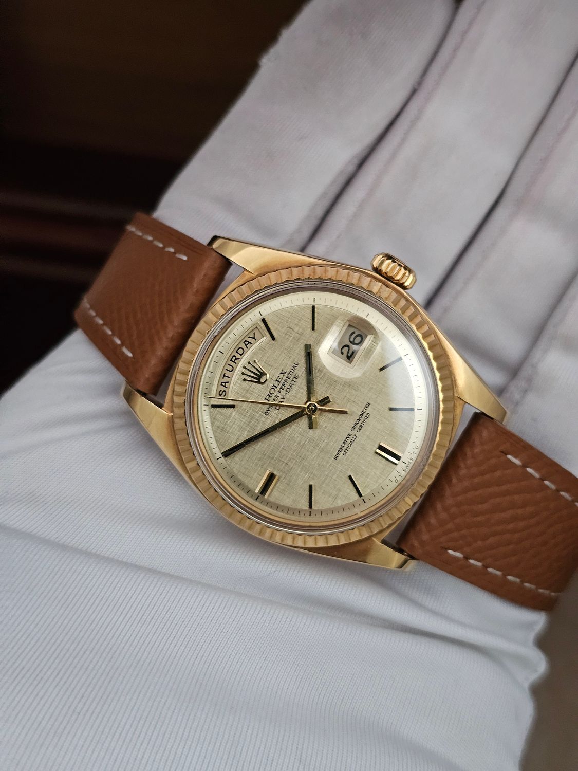 Rolex Day-Date 36mm 18K Gold Original Linen Sigma Dial, Ref 1803 Circa 1972