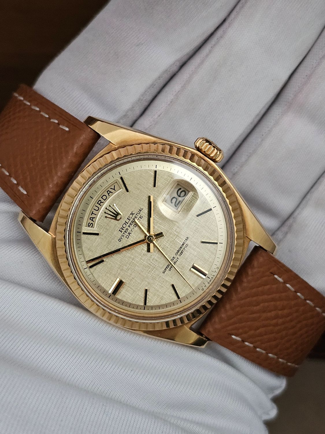 Rolex Day-Date 36mm 18K Gold Original Linen Sigma Dial, Ref 1803 Circa 1972