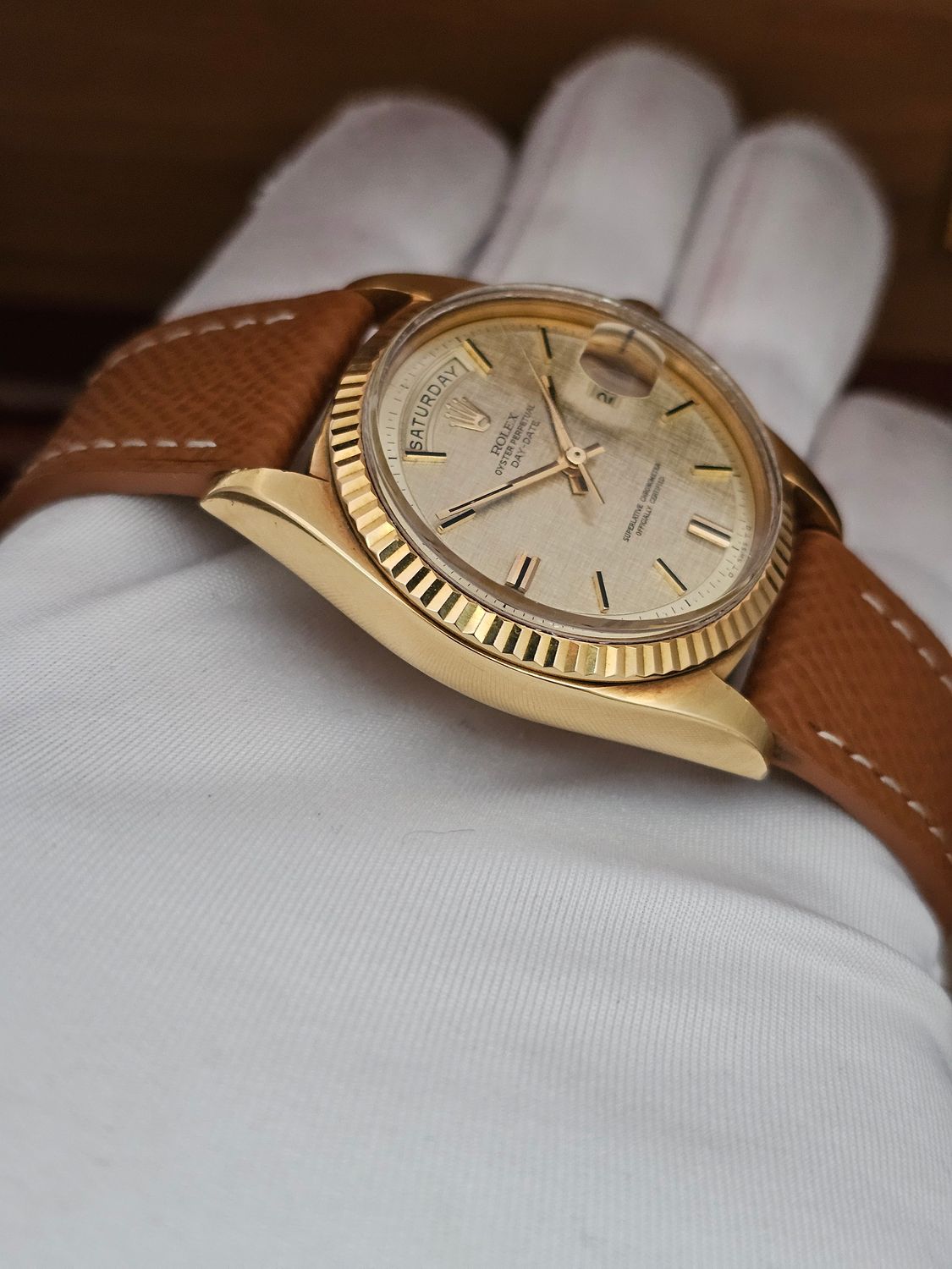 Rolex Day-Date 36mm 18K Gold Original Linen Sigma Dial, Ref 1803 Circa 1972