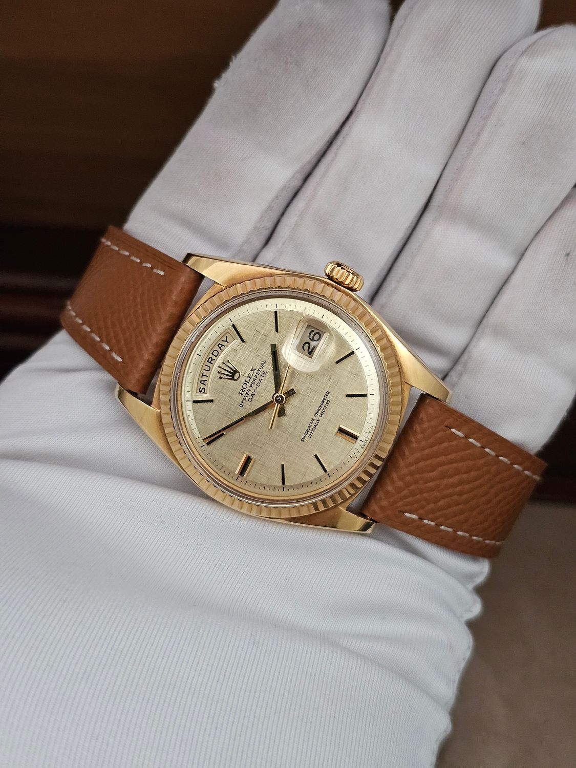 Rolex Day-Date 36mm 18K Gold Original Linen Sigma Dial, Ref 1803 Circa 1972