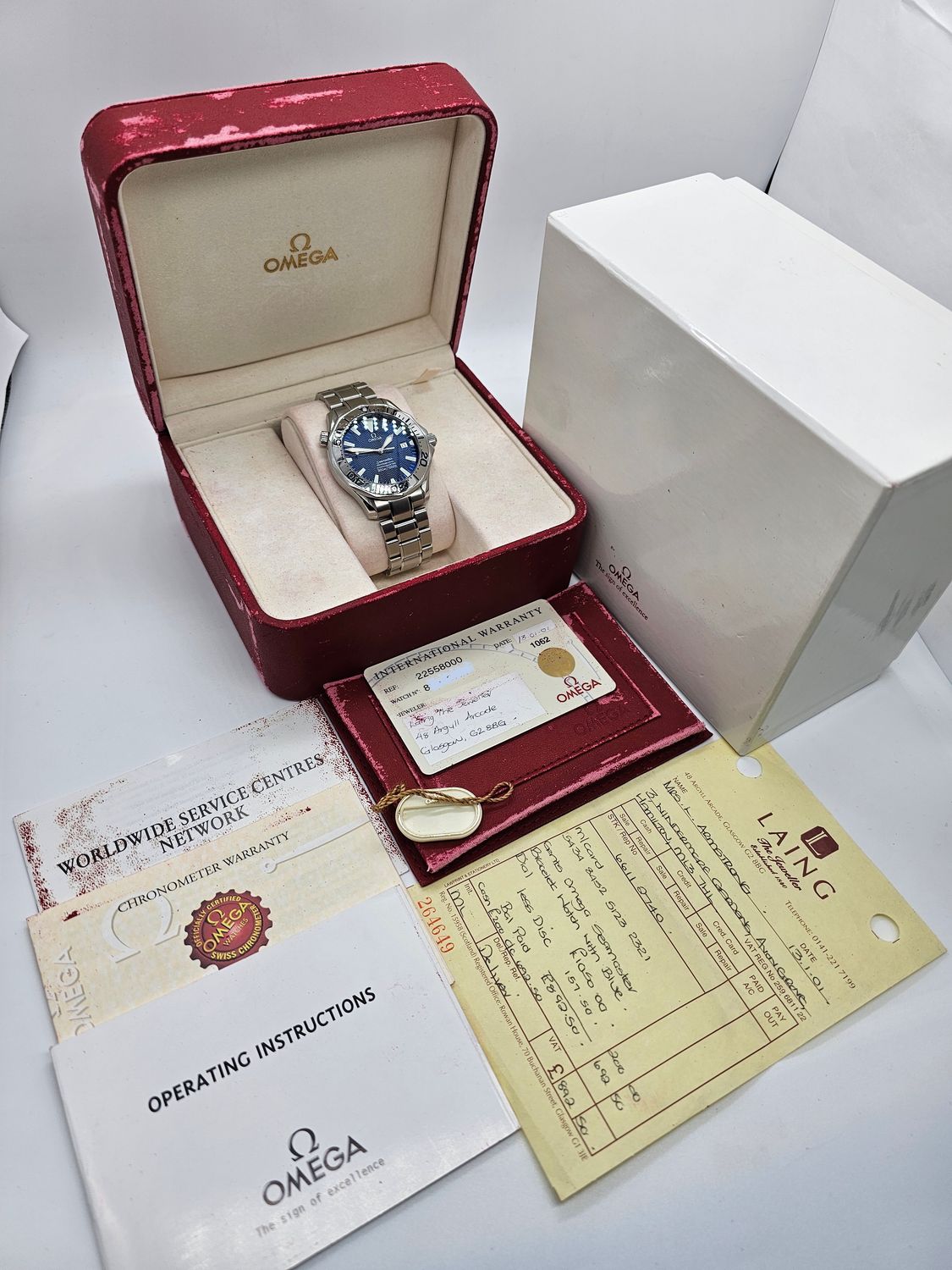 OMEGA Seamaster 300 Pro Blue Men&#39;s Watch - 2255.80.00, 2001 Full Set, Original Purchase Receipt