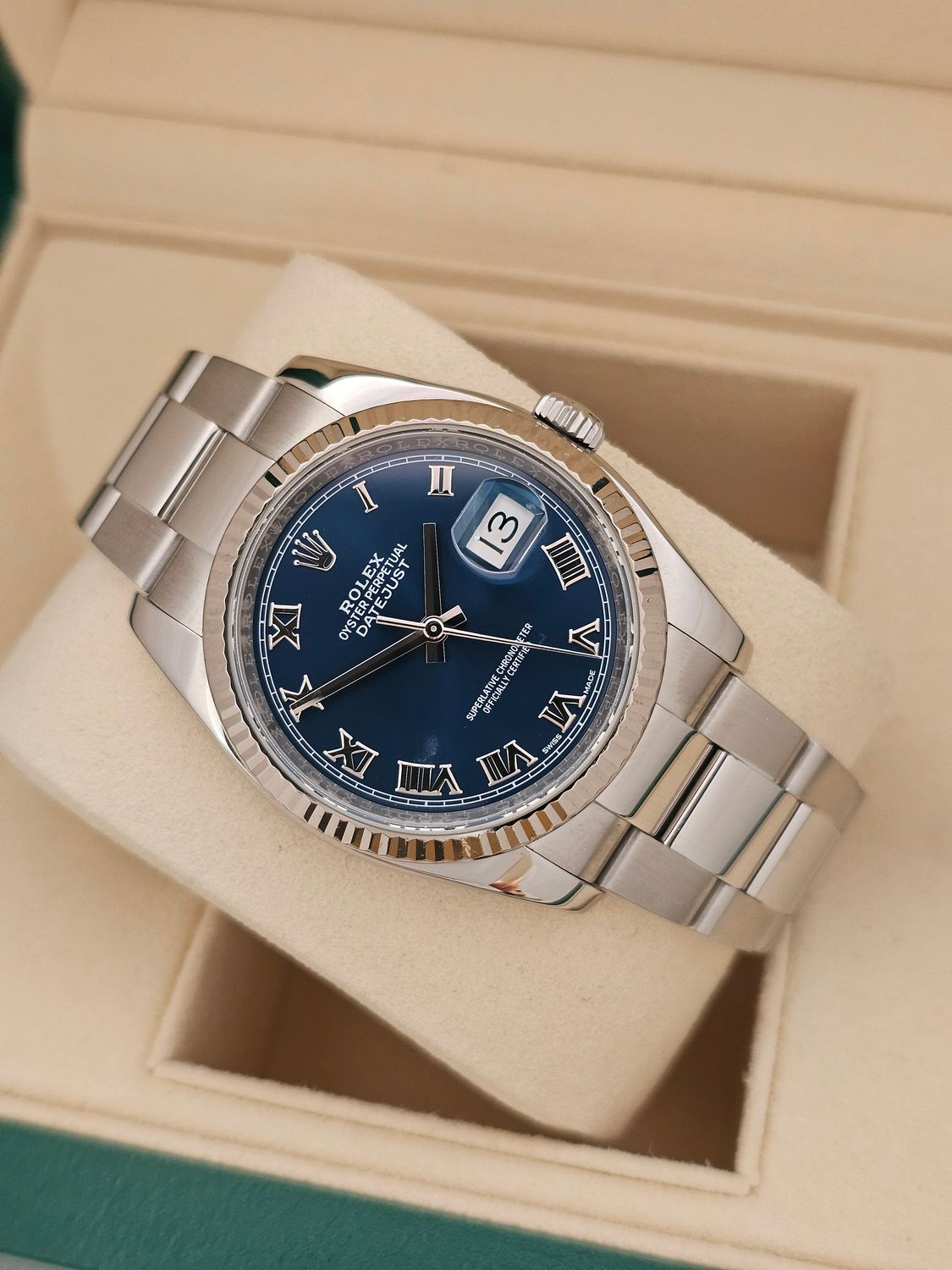 Rolex Datejust 36mm Ref 116234 Blue Roman Dial, Steel &amp; White Gold, 2018 Full Set