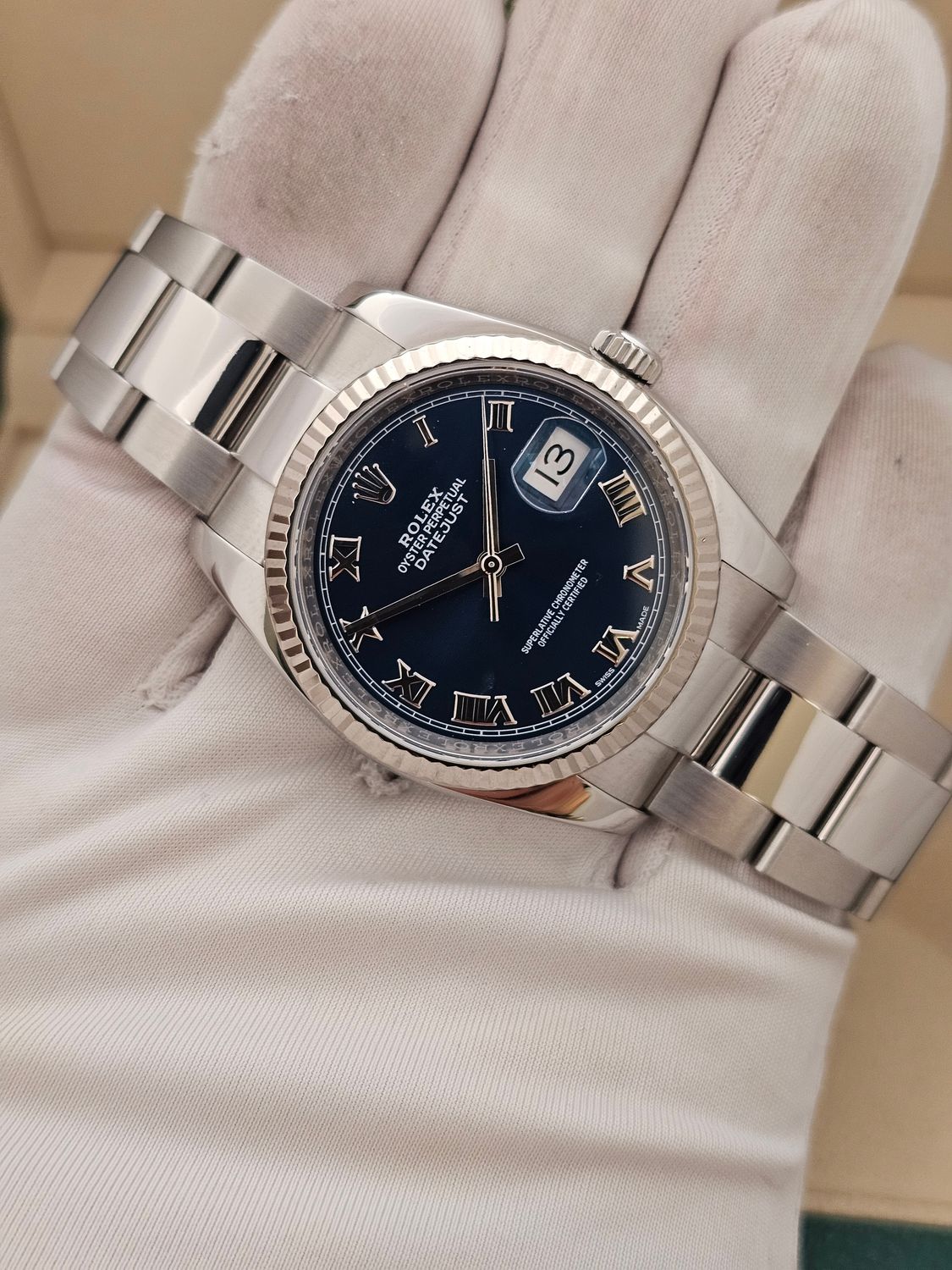 Rolex Datejust 36mm Ref 116234 Blue Roman Dial, Steel &amp; White Gold, 2018 Full Set