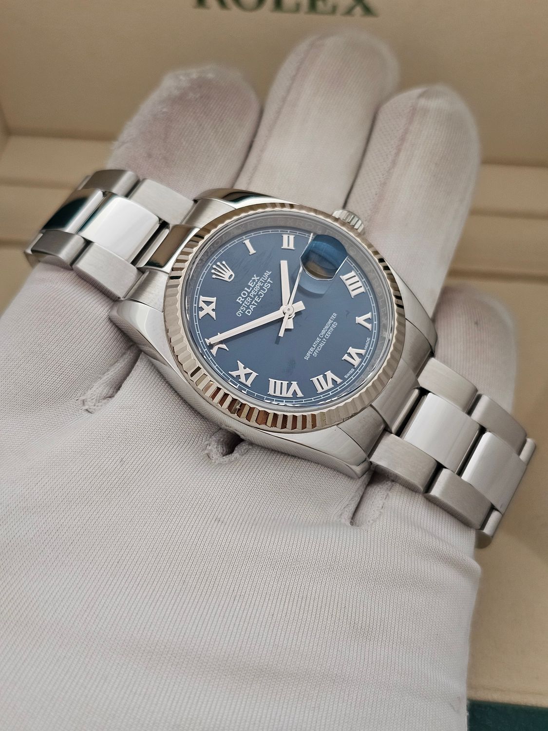 Rolex Datejust 36mm Ref 116234 Blue Roman Dial, Steel &amp; White Gold, 2018 Full Set
