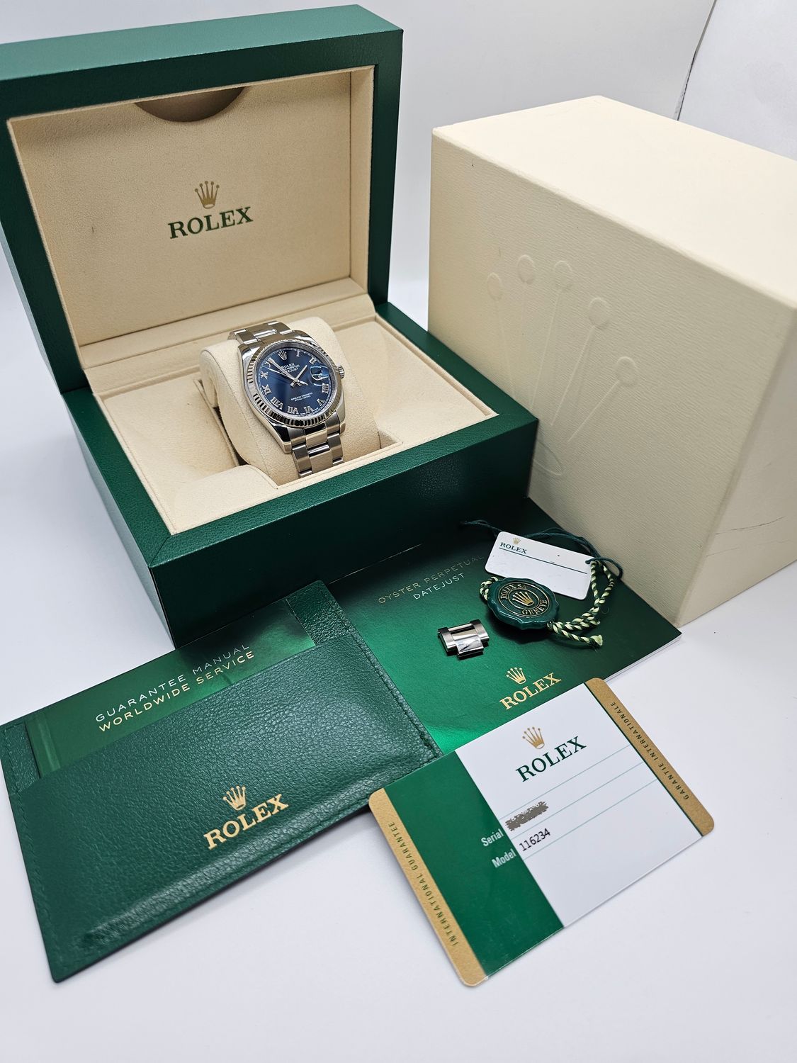Rolex Datejust 36mm Ref 116234 Blue Roman Dial, Steel &amp; White Gold, 2018 Full Set