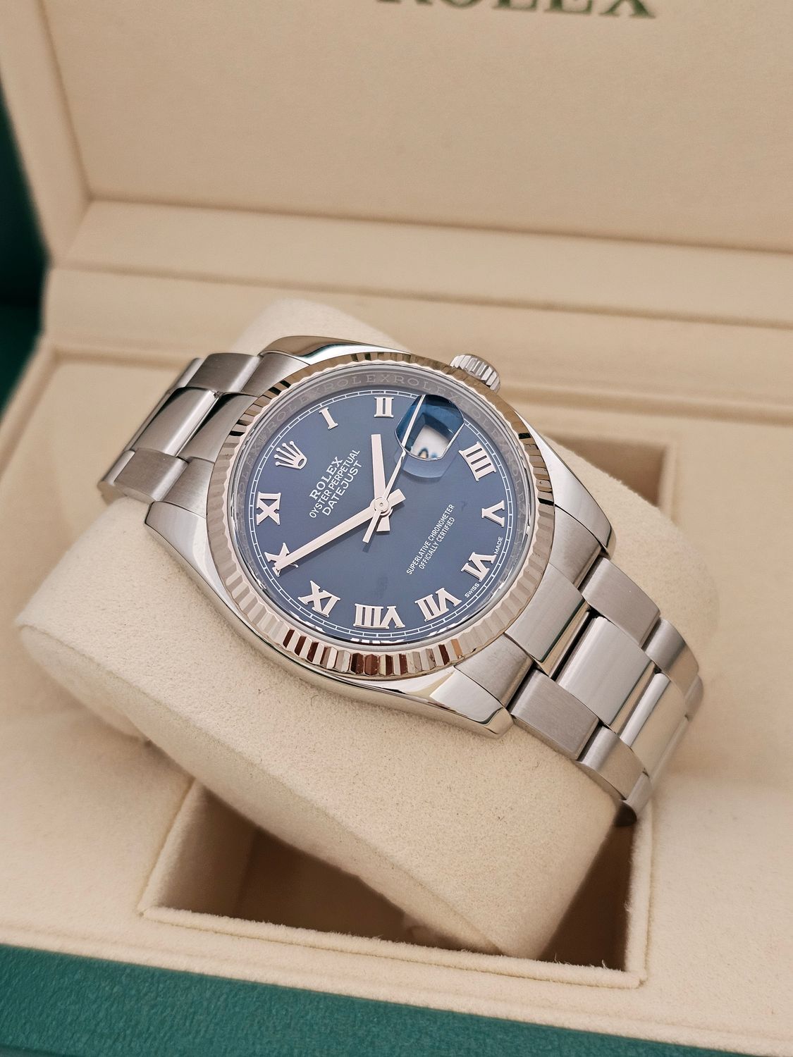 Rolex Datejust 36mm Ref 116234 Blue Roman Dial, Steel &amp; White Gold, 2018 Full Set