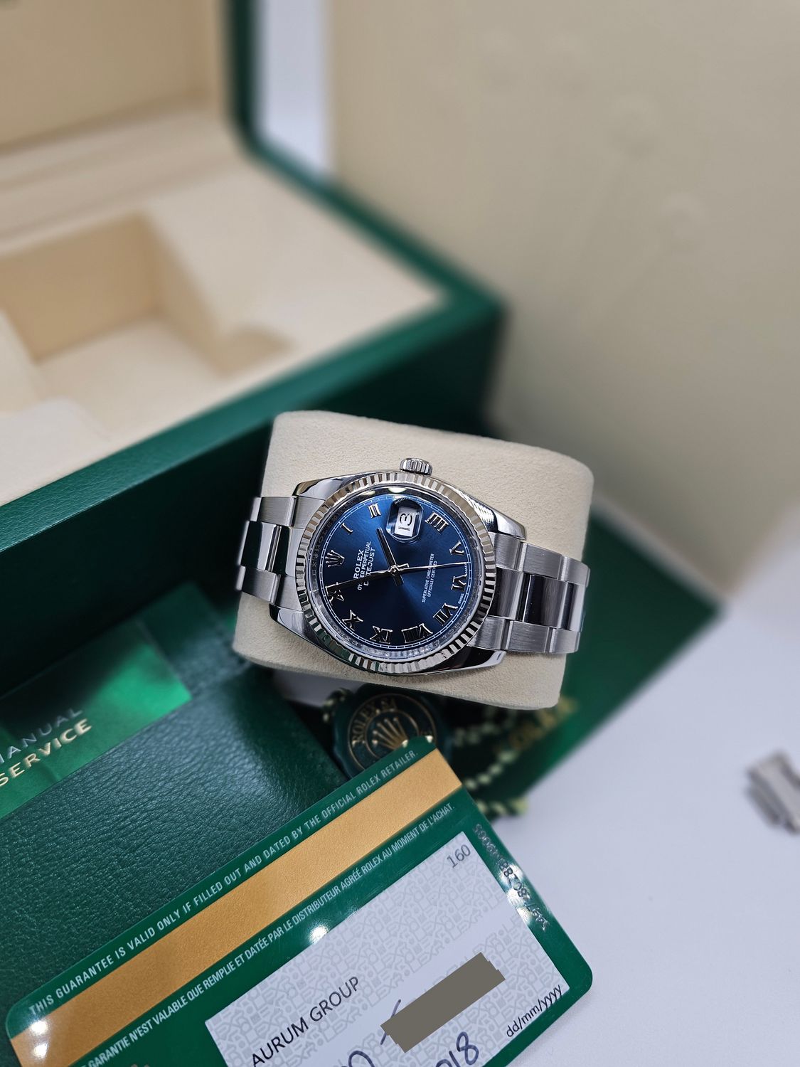 Rolex Datejust 36mm Ref 116234 Blue Roman Dial, Steel &amp; White Gold, 2018 Full Set
