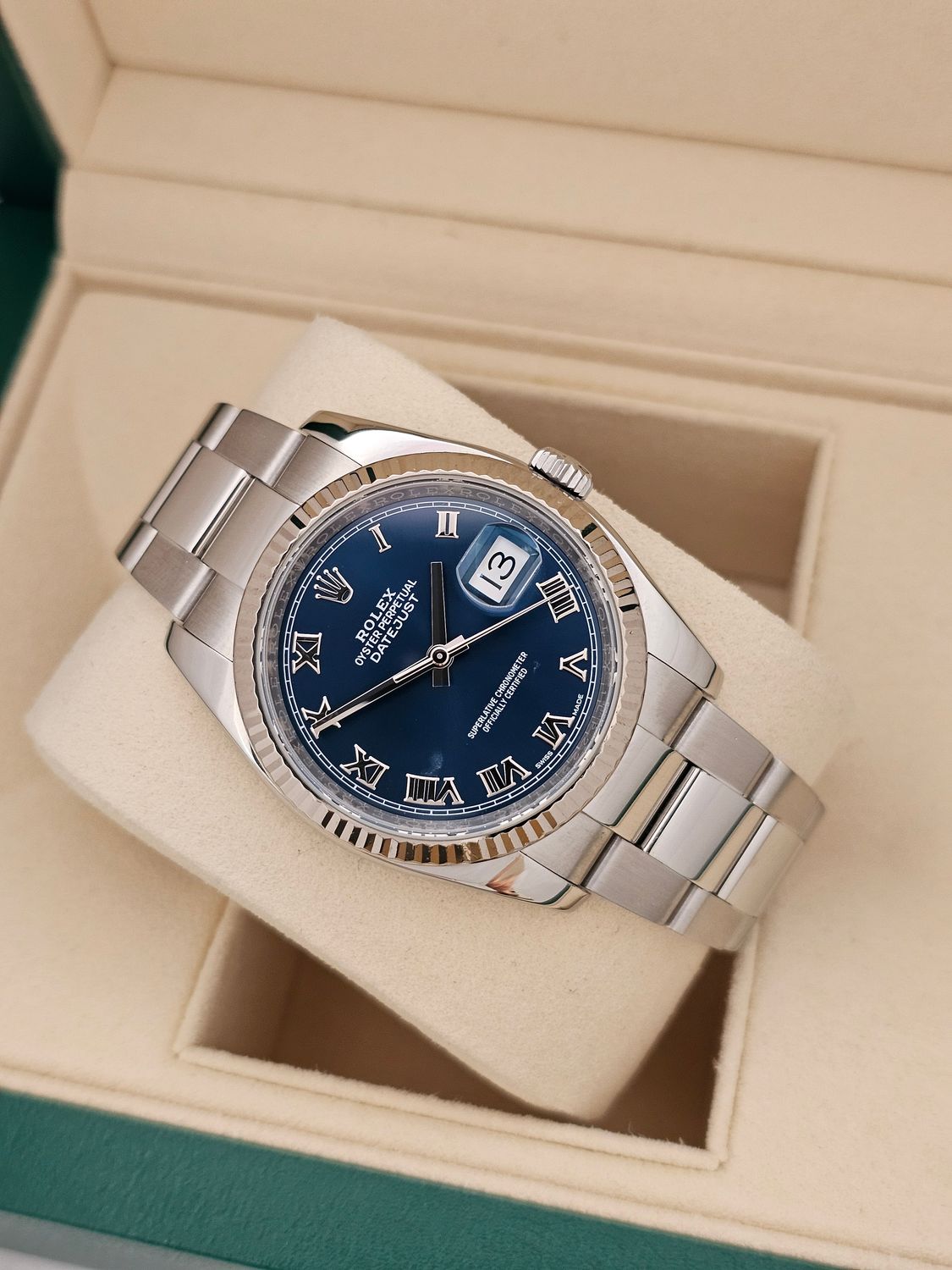 Rolex Datejust 36mm Ref 116234 Blue Roman Dial, Steel &amp; White Gold, 2018 Full Set