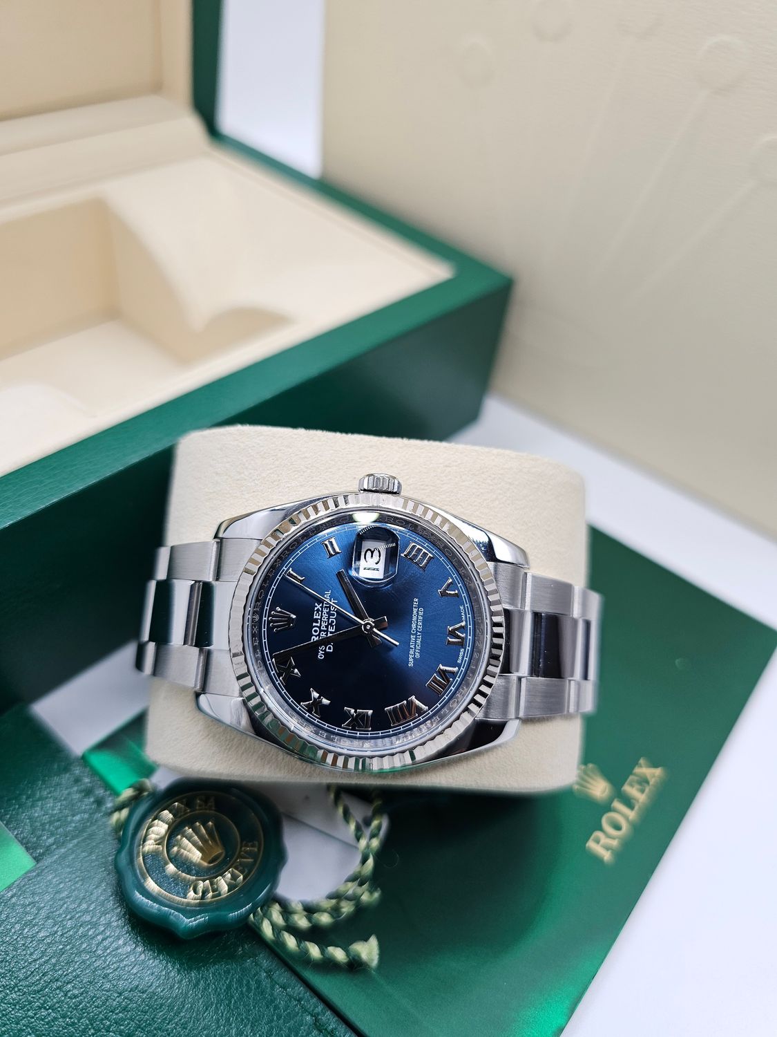 Rolex Datejust 36mm Ref 116234 Blue Roman Dial, Steel &amp; White Gold, 2018 Full Set