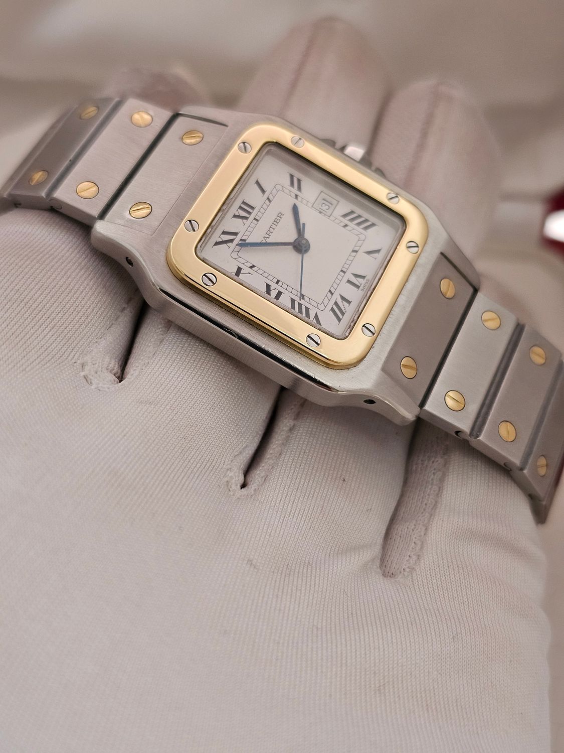 Cartier Santos Carree, White Dial Steel &amp; Gold Watch, Ref 2961