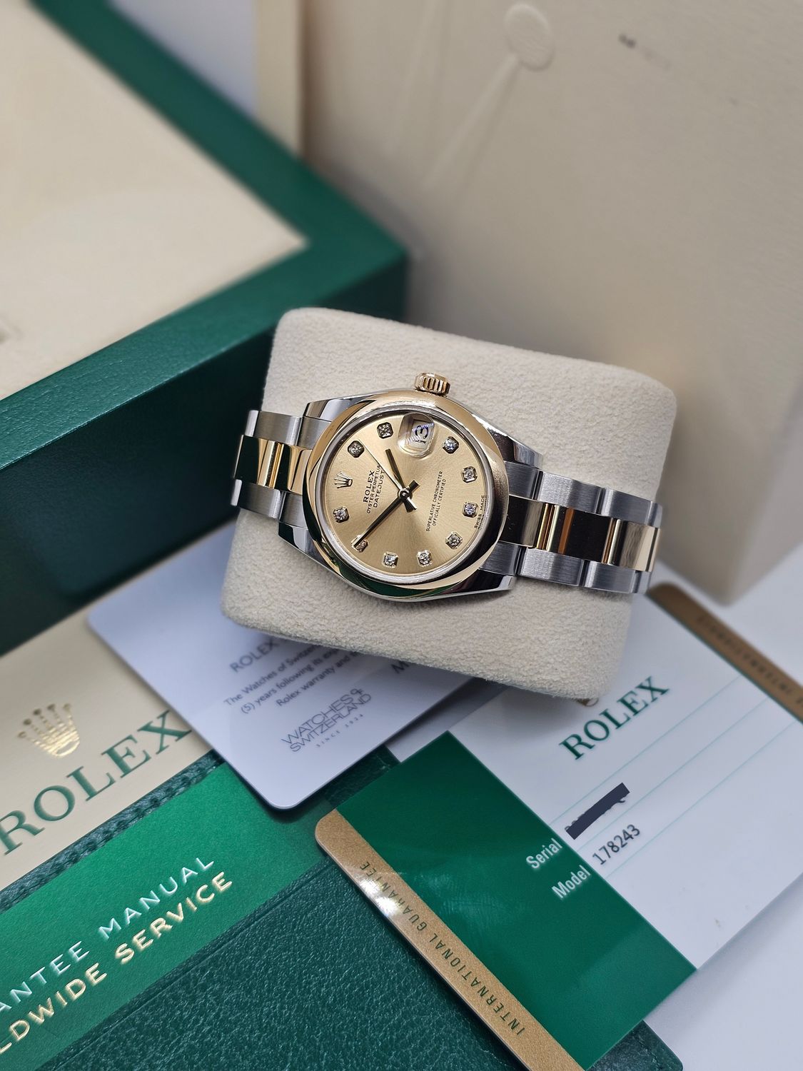 Rolex Datejust 31mm Champagne Diamond Dial Watch 178243, 2017 Box &amp; Papers