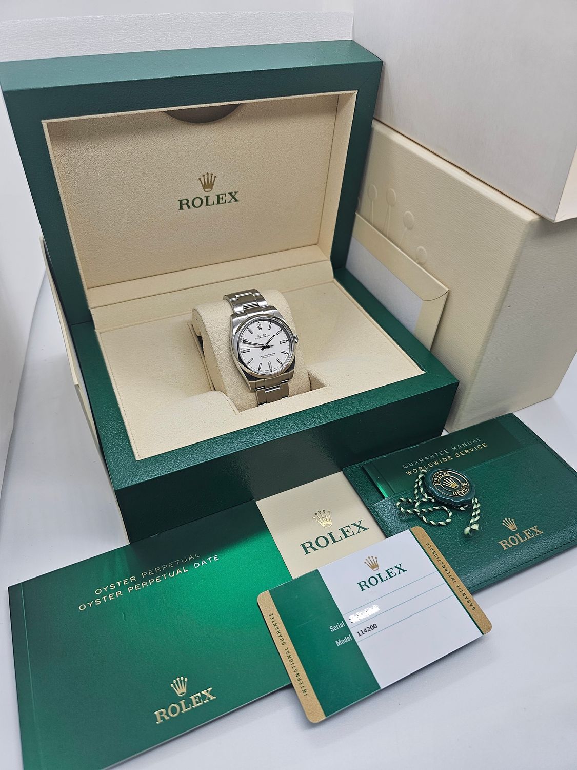 Rolex Oyster Perpetual 34mm Watch, 114200 White Dial 2019 Box and Papers