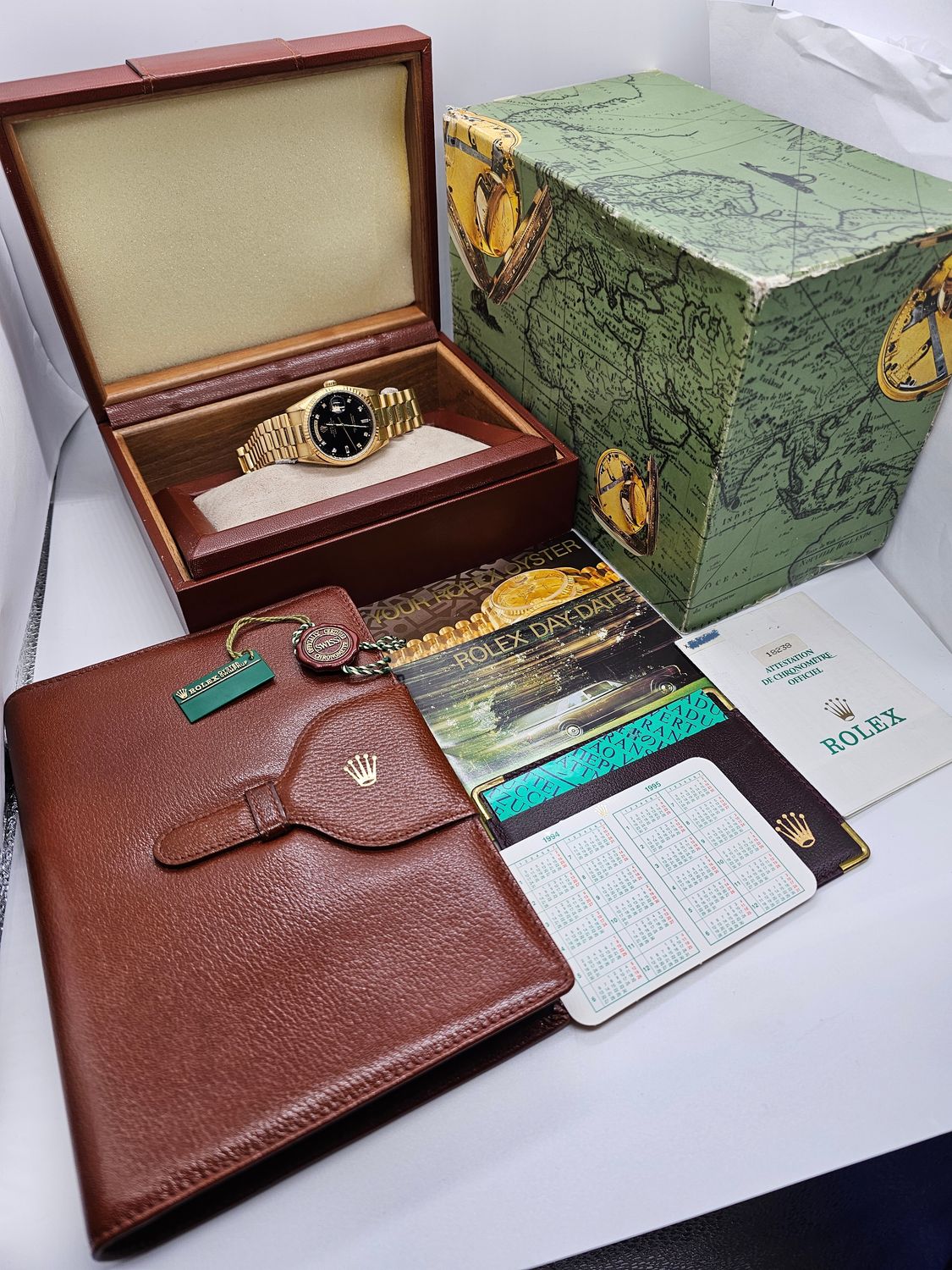 Rolex Daydate Watch Ref 18238, Black Diamond Dial, 1994 Full Set