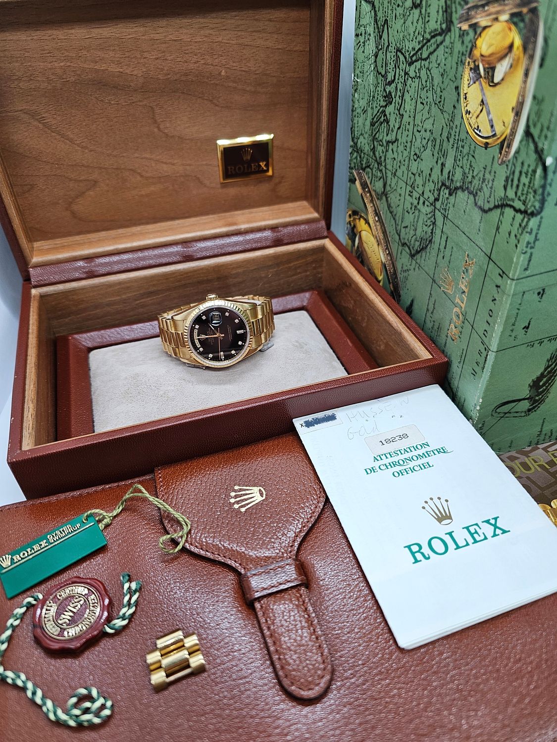 Rolex Daydate Watch Ref 18238, Black Diamond Dial, 1994 Full Set