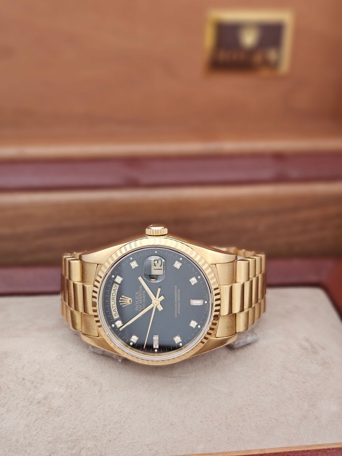 Rolex Daydate Watch Ref 18238, Black Diamond Dial, 1994 Full Set