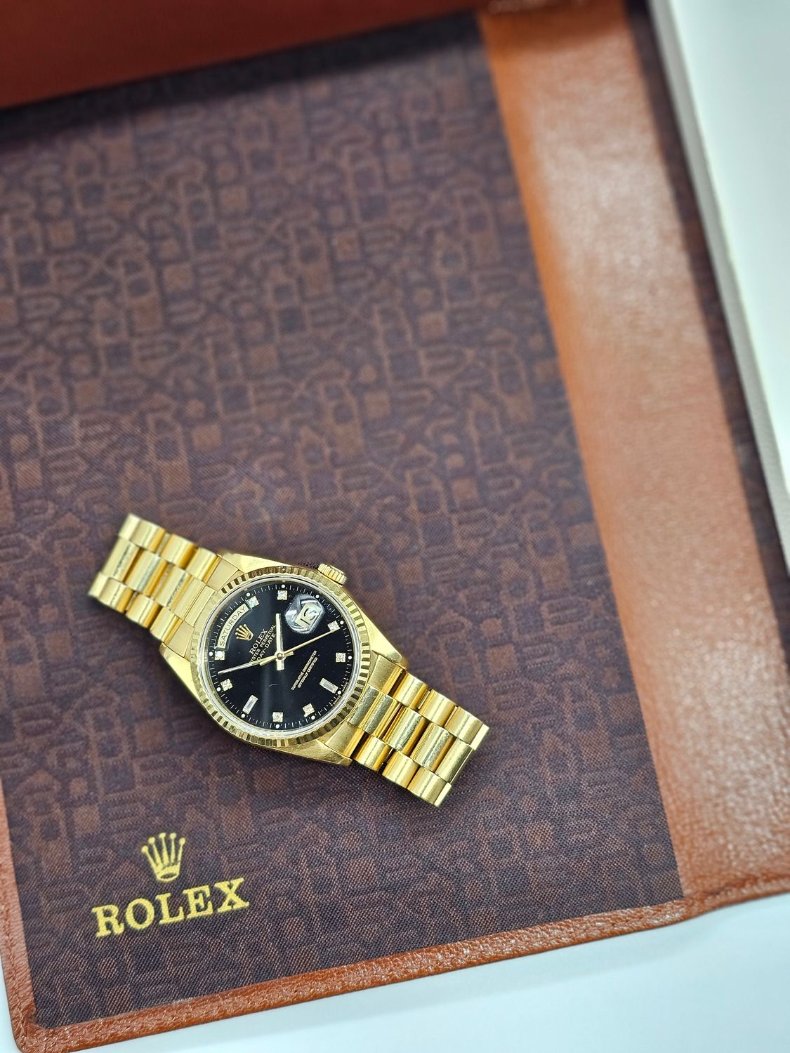 Rolex Daydate Watch Ref 18238, Black Diamond Dial, 1994 Full Set