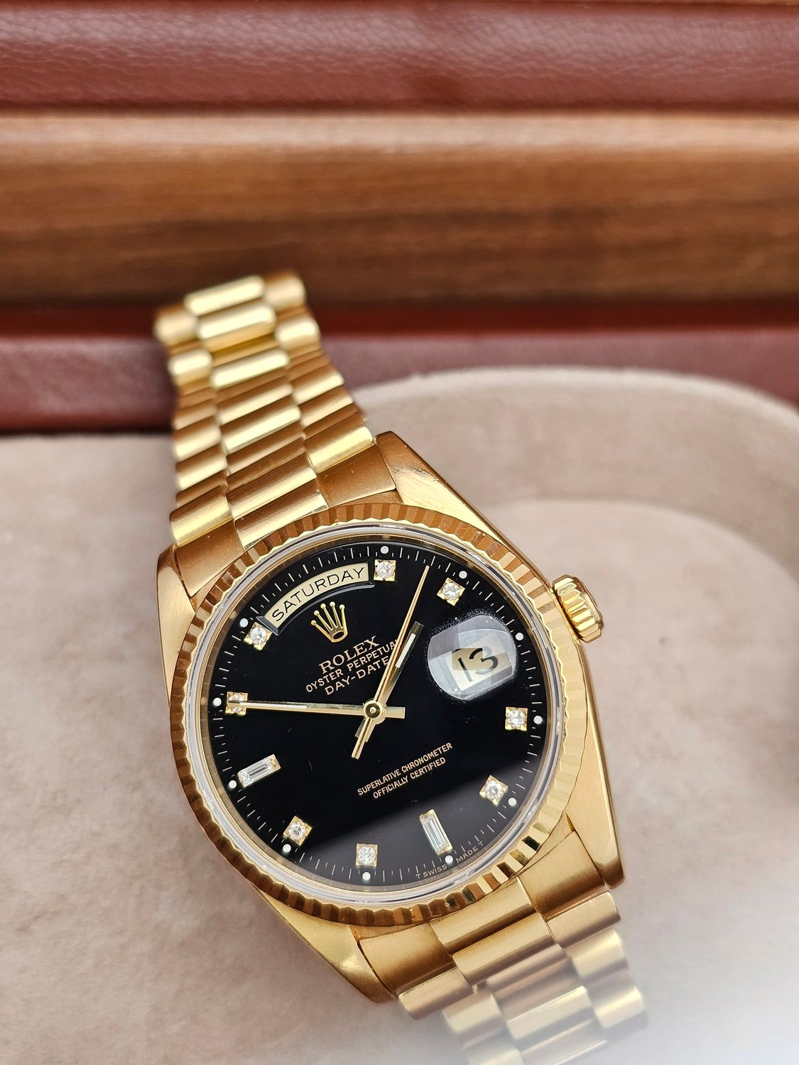 Rolex Daydate Watch Ref 18238, Black Diamond Dial, 1994 Full Set