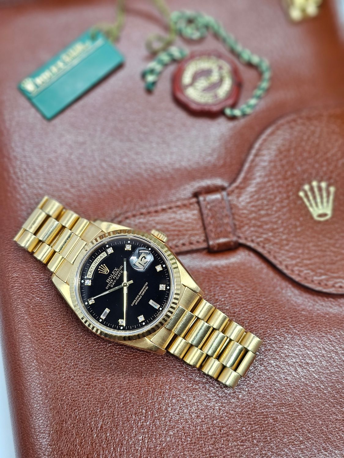 Rolex Daydate Watch Ref 18238, Black Diamond Dial, 1994 Full Set