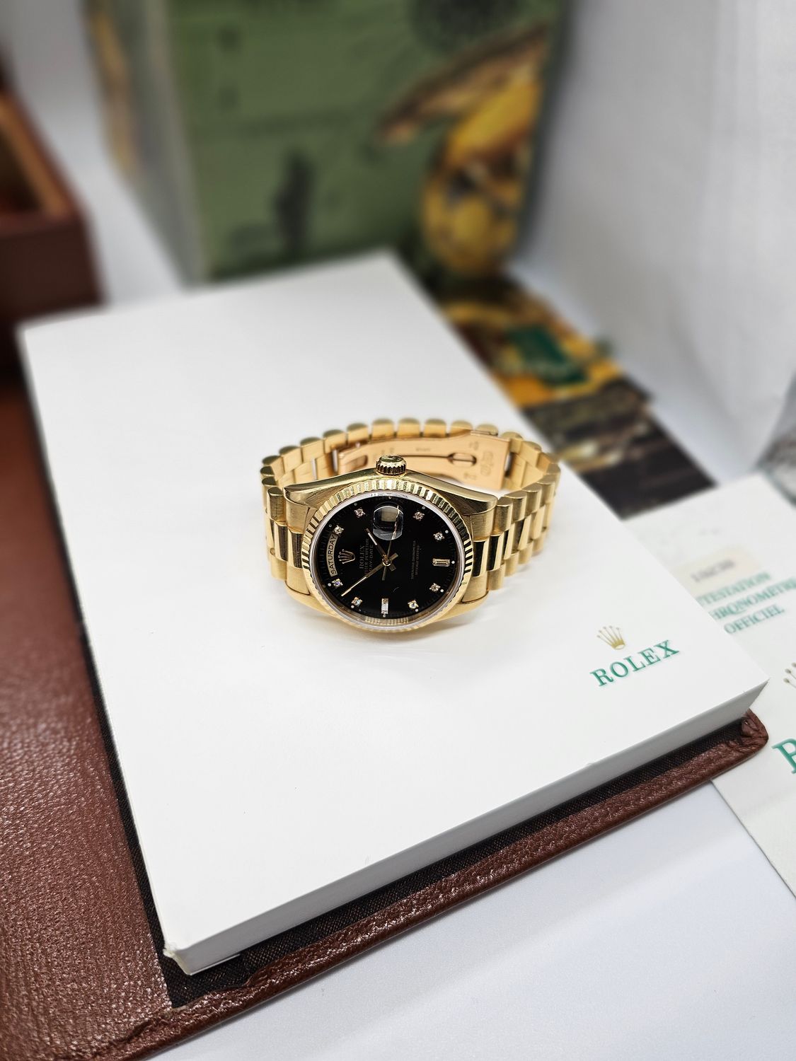 Rolex Daydate Watch Ref 18238, Black Diamond Dial, 1994 Full Set
