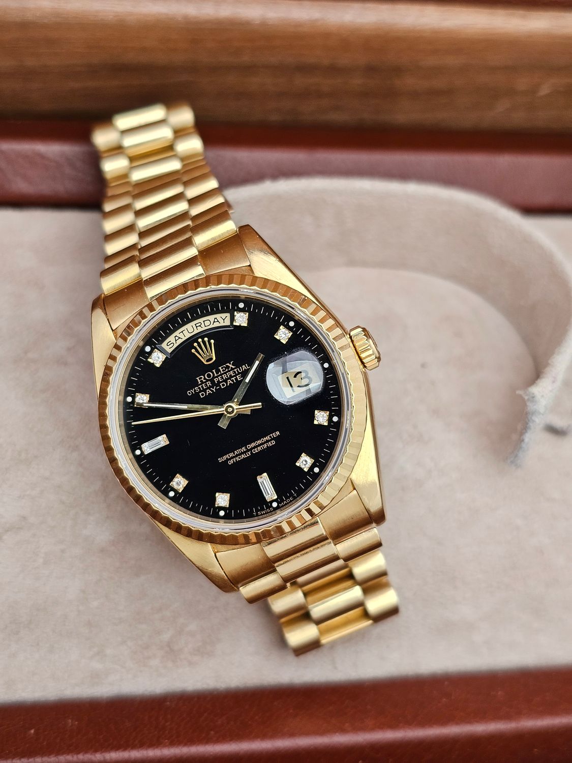 Rolex Daydate Watch Ref 18238, Black Diamond Dial, 1994 Full Set