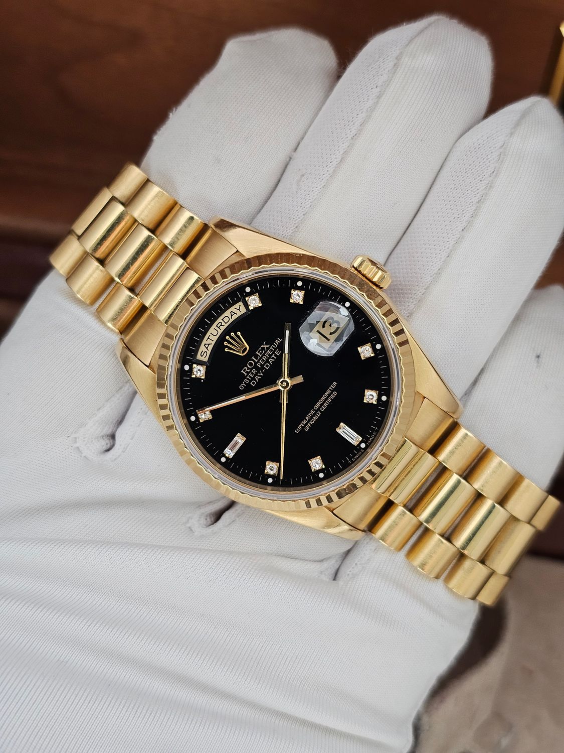 Rolex Daydate Watch Ref 18238, Black Diamond Dial, 1994 Full Set