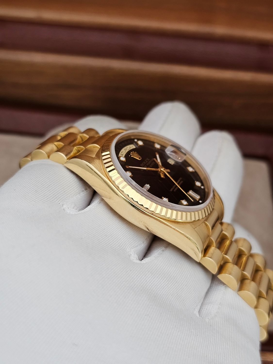 Rolex Daydate Watch Ref 18238, Black Diamond Dial, 1994 Full Set