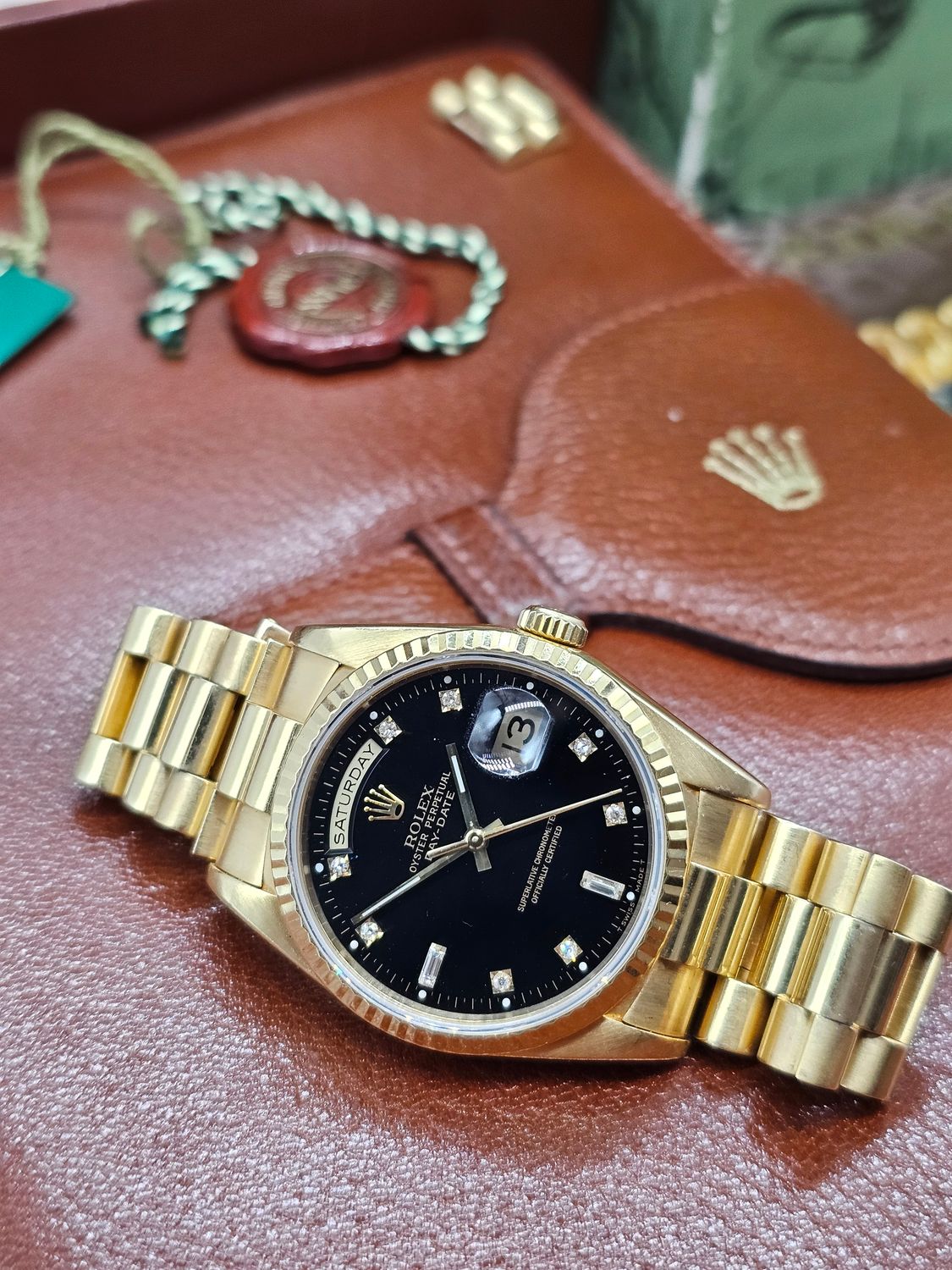 Rolex Daydate Watch Ref 18238, Black Diamond Dial, 1994 Full Set