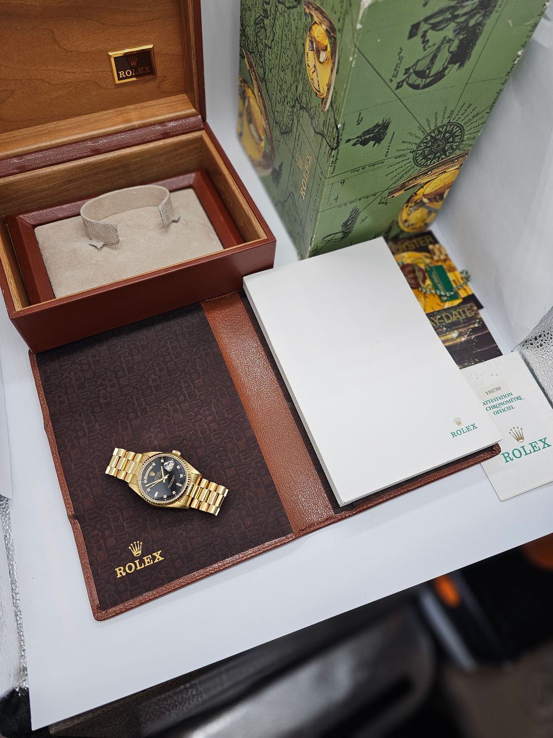 Rolex Daydate Watch Ref 18238, Black Diamond Dial, 1994 Full Set