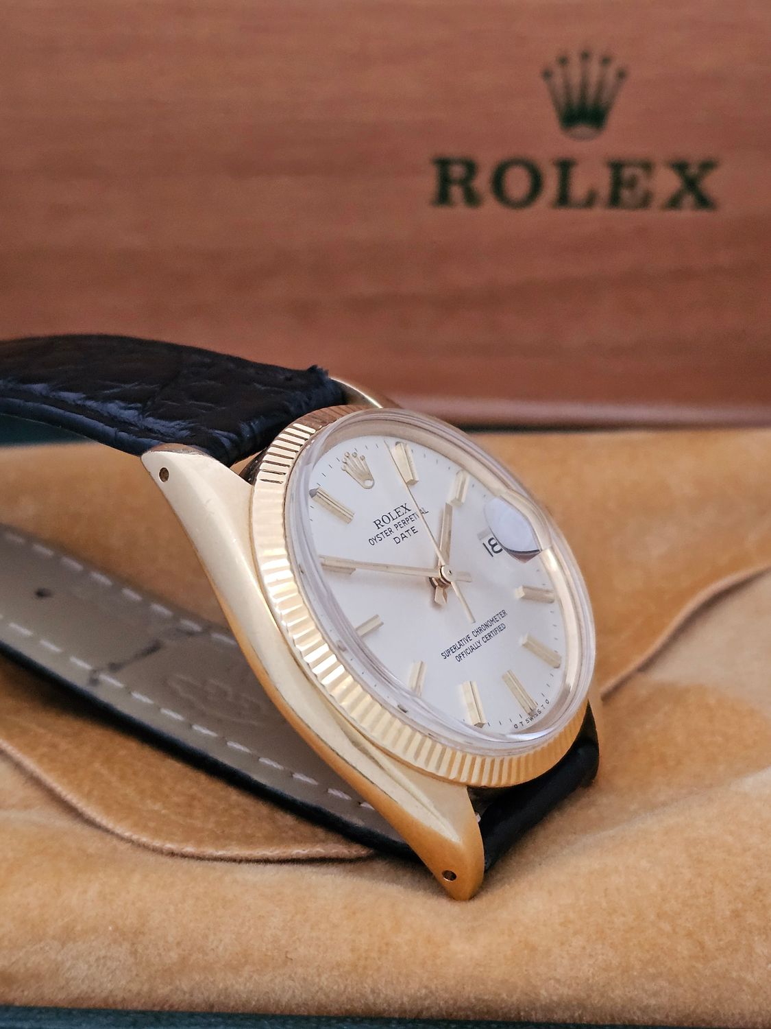 Rolex Date 1503 Silver Sigma Dial 34mm, 18k Gold Fluted Bezel &amp; Case