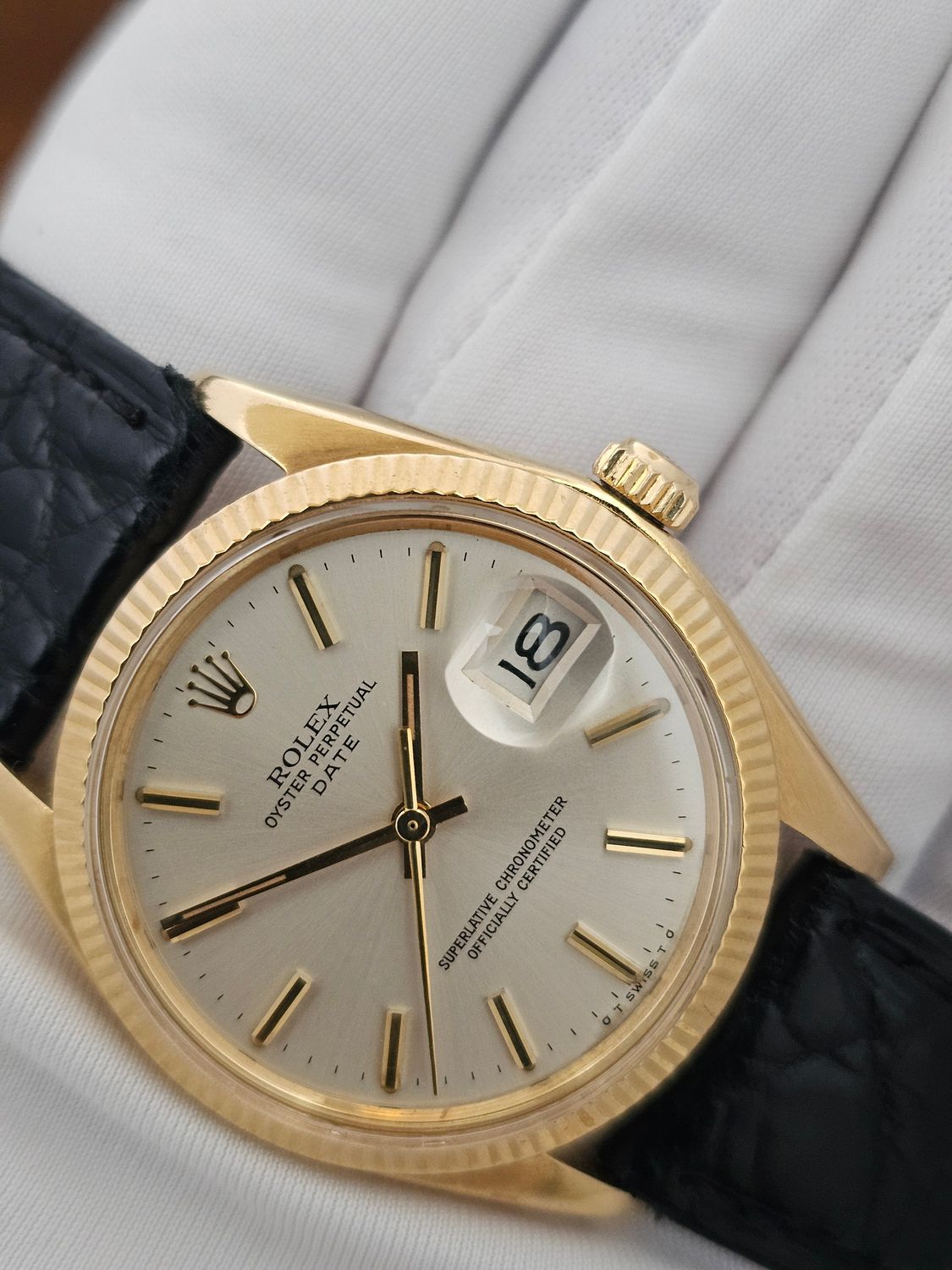 Rolex Date 1503 Silver Sigma Dial 34mm, 18k Gold Fluted Bezel &amp; Case