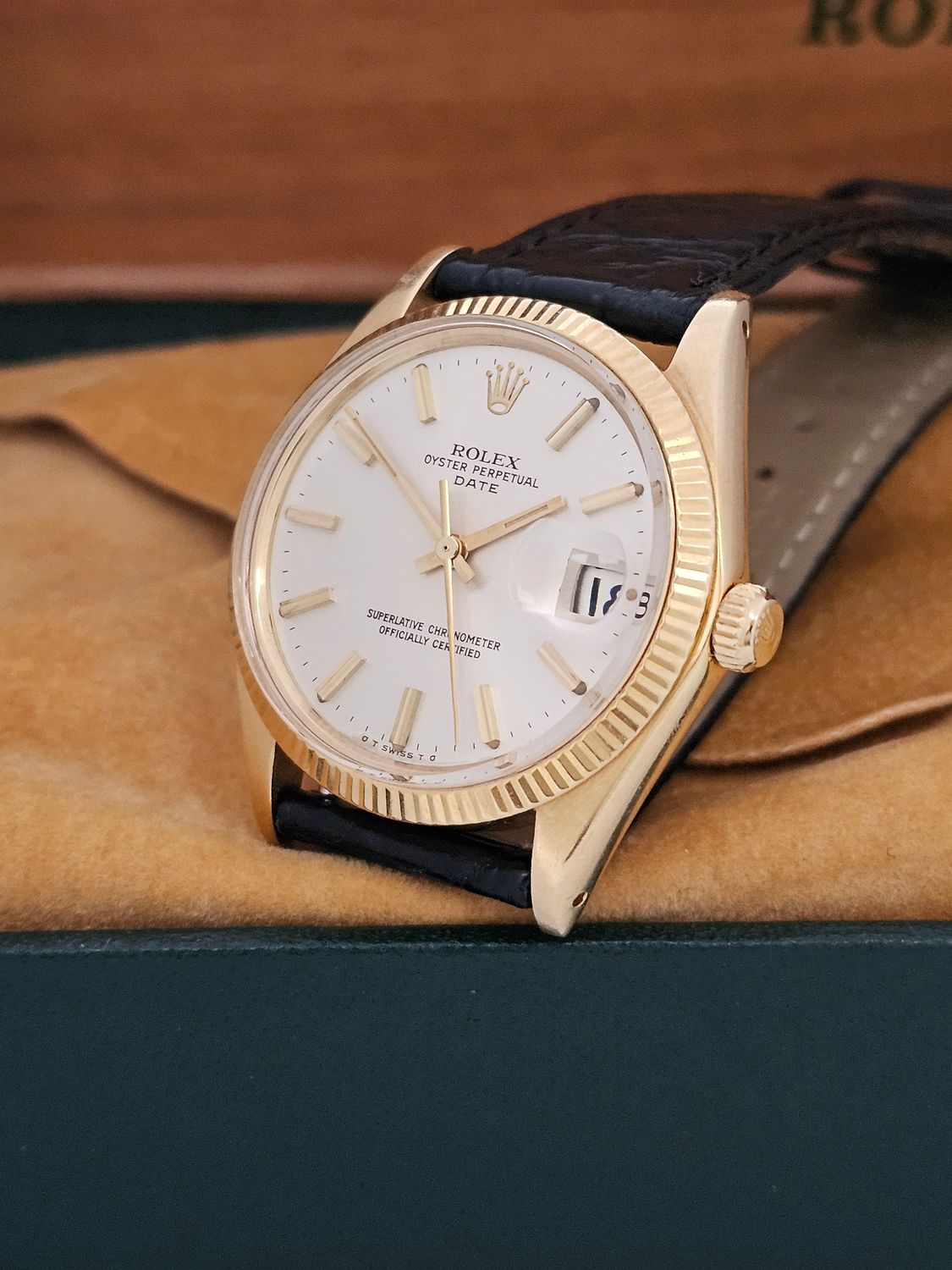 Rolex Date 1503 Silver Sigma Dial 34mm, 18k Gold Fluted Bezel &amp; Case