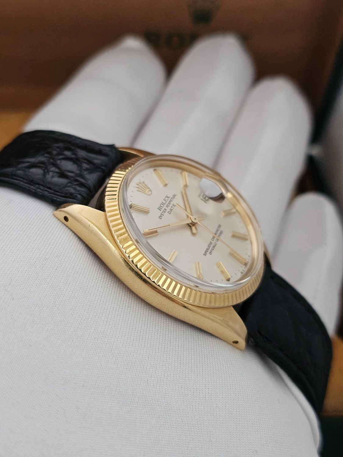 Rolex Date 1503 Silver Sigma Dial 34mm, 18k Gold Fluted Bezel &amp; Case
