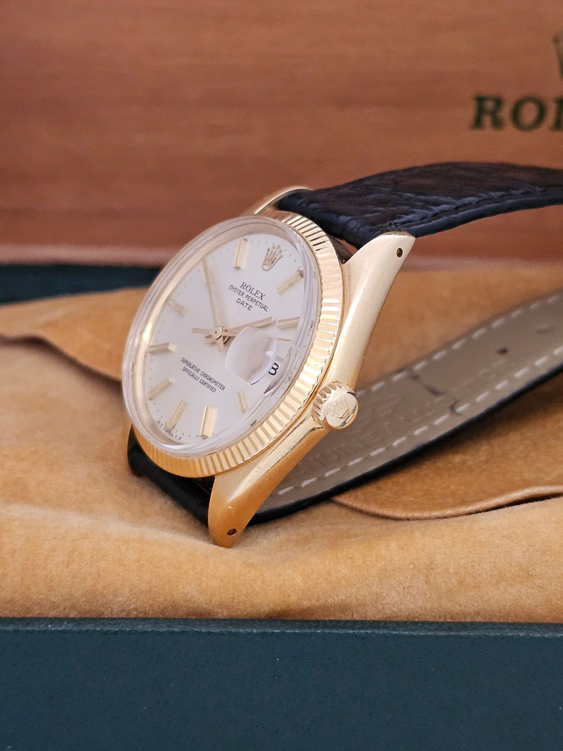 Rolex Date 1503 Silver Sigma Dial 34mm, 18k Gold Fluted Bezel &amp; Case