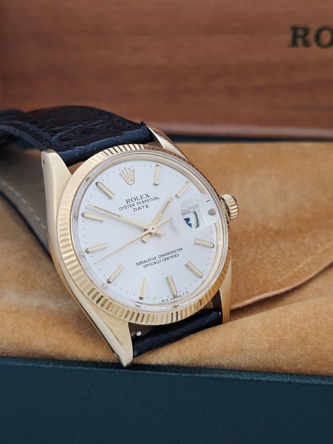 Rolex Date 1503 Silver Sigma Dial 34mm, 18k Gold Fluted Bezel &amp; Case