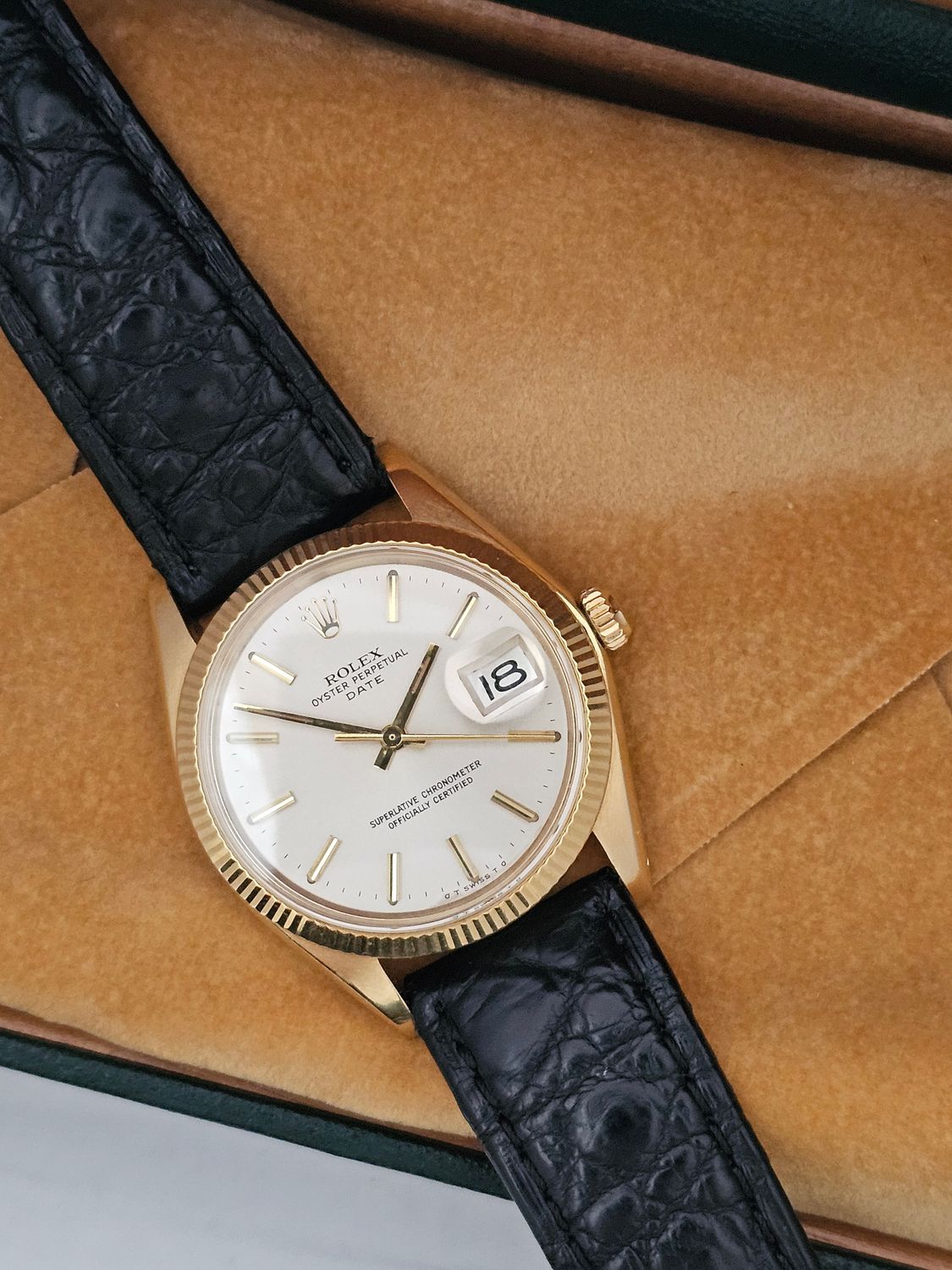 Rolex Date 1503 Silver Sigma Dial 34mm, 18k Gold Fluted Bezel &amp; Case