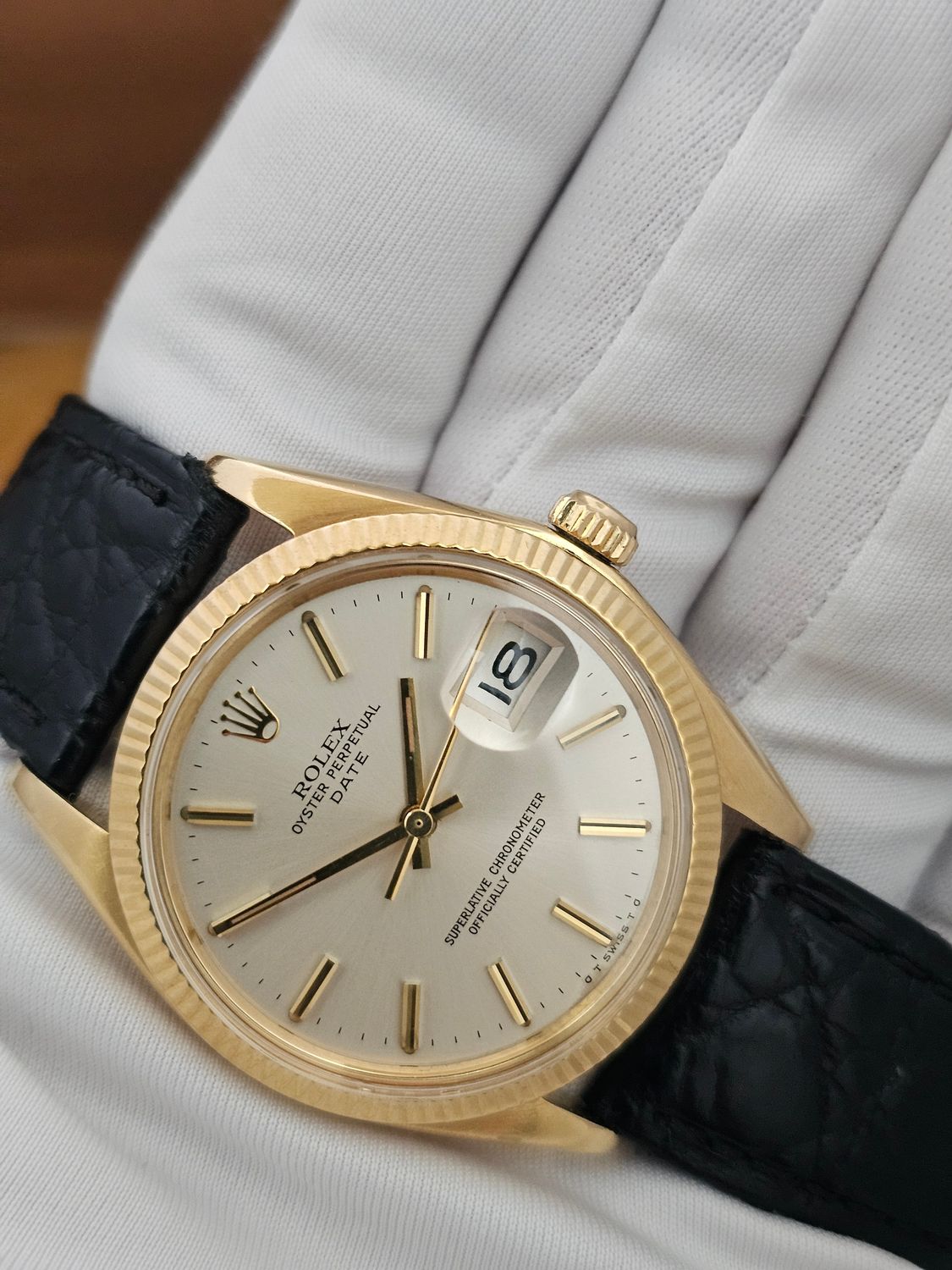 Rolex Date 1503 Silver Sigma Dial 34mm, 18k Gold Fluted Bezel &amp; Case
