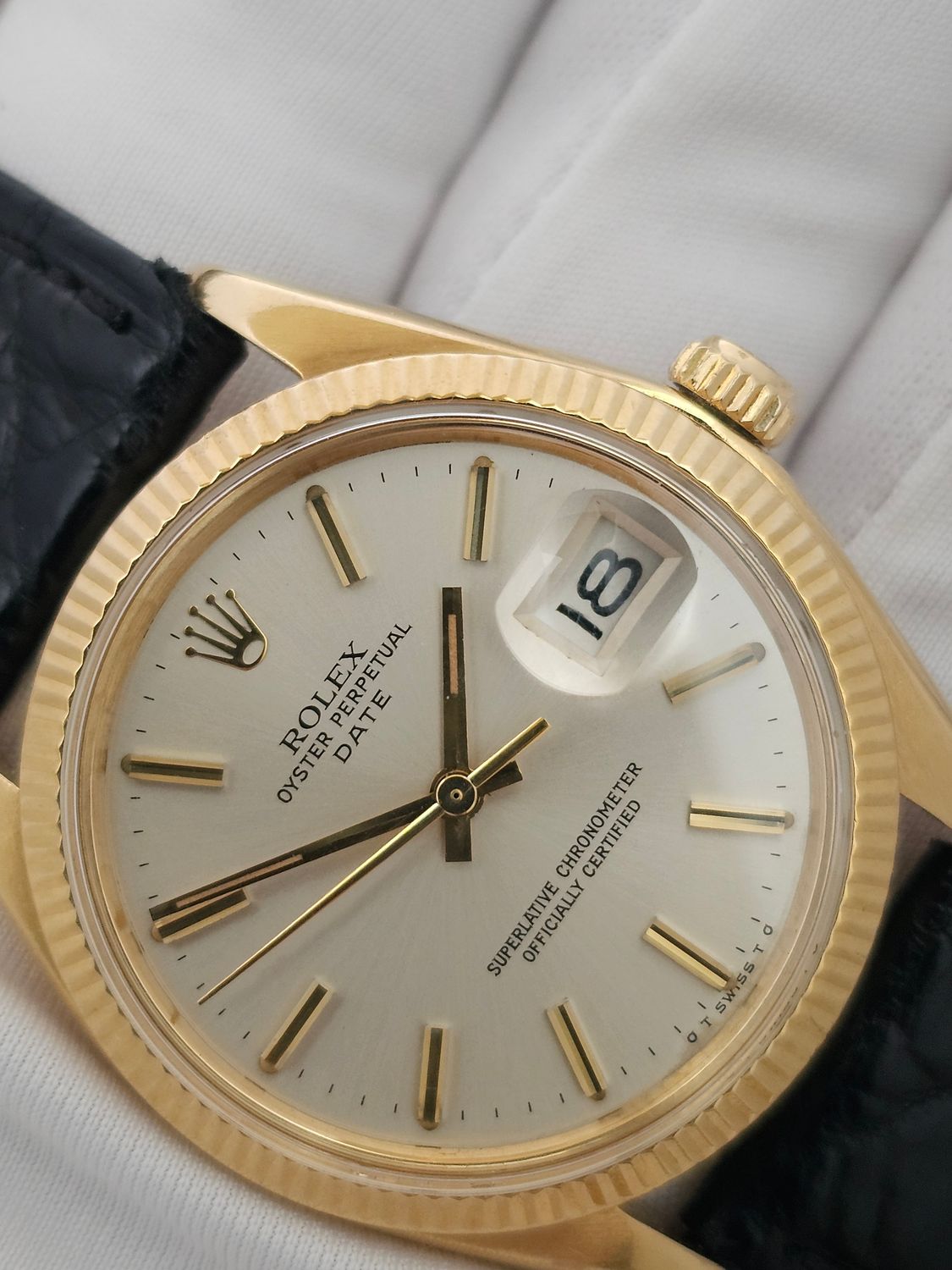 Rolex Date 1503 Silver Sigma Dial 34mm, 18k Gold Fluted Bezel &amp; Case