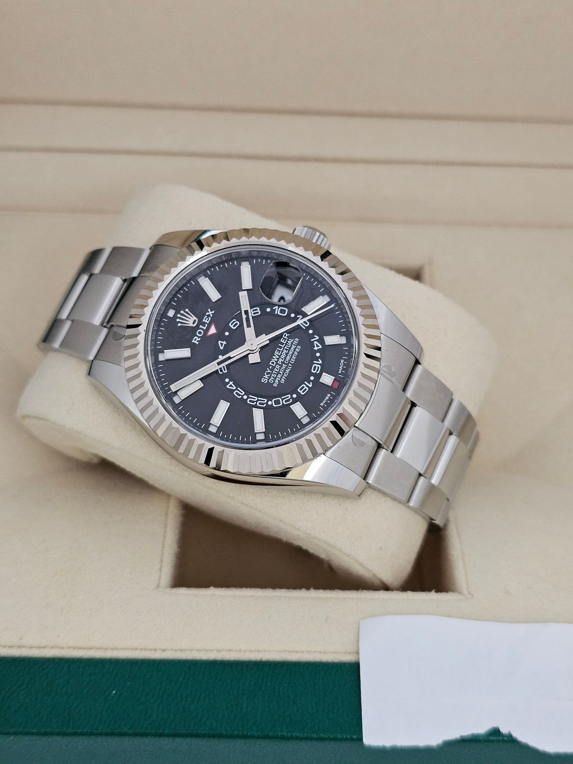 Rolex Sky-Dweller Ref 326934, Black Dial Oyster, 2021 Full Set, Some Stickers